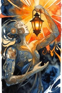 AI entity holding up a glowing lantern.